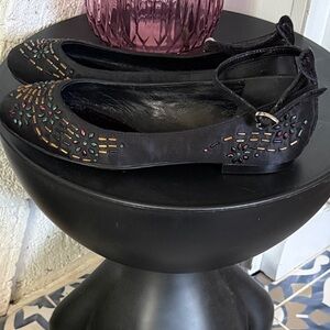 Betsey Johnson Black Ballet Flats with Ankle Strap and Beaded Embroidery